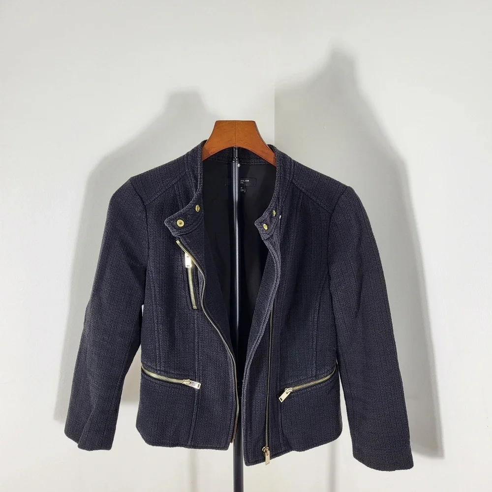 Ann Taylor Petite Moto Jacket Textured Tweed Gold Zip Charcoal Black 4P